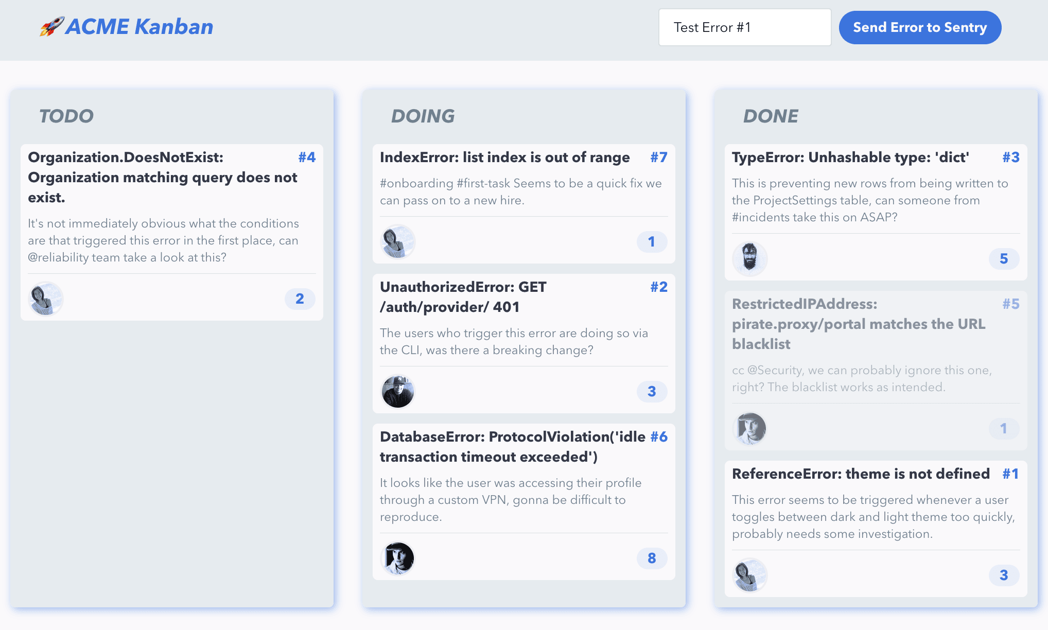 Demo kanban application user interface that was built to show integration platform features.